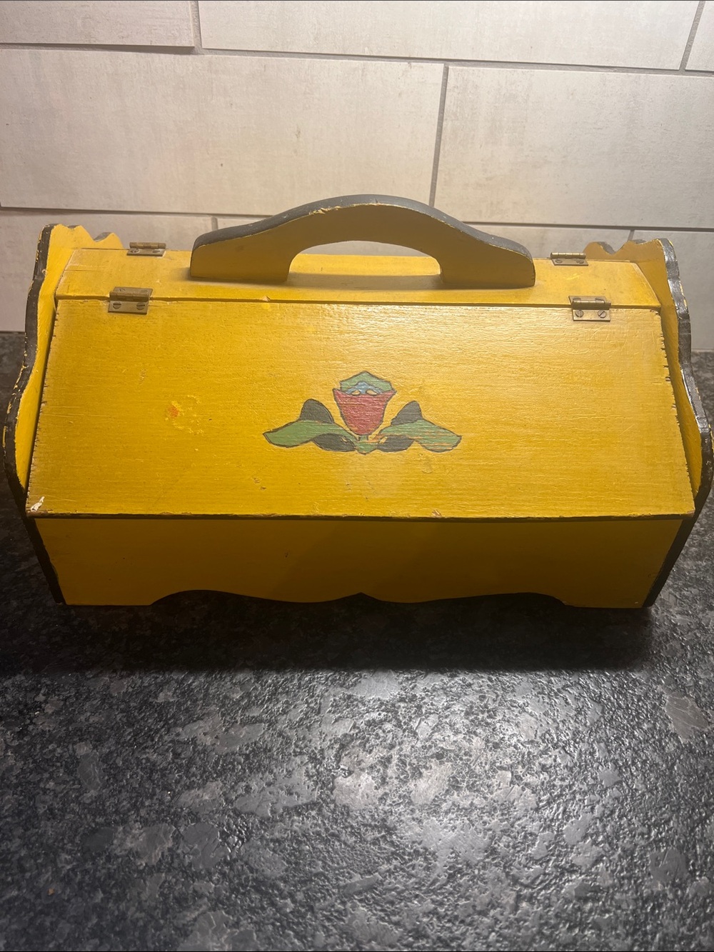 1930-1940’s VINTAGE WOOD-SEWING BOX with handle. Includes all contents as found